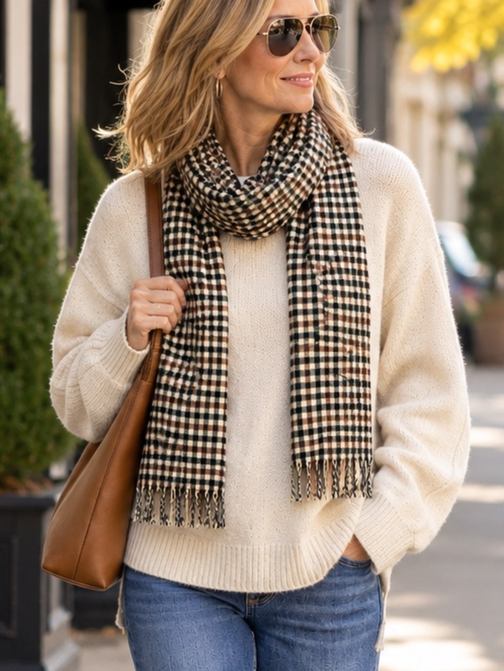 Gingham Plaid Fringe Scarf Tan Brown Black Heritage Style Preppy Fall
